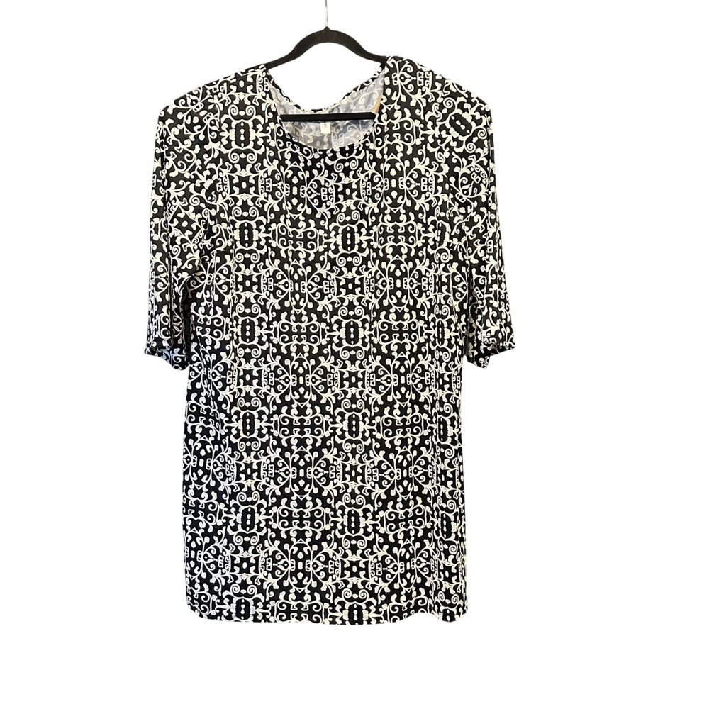 Tacera Damask Scroll Print Tunic Dress Size 3X Textured Black White Short Sleeve